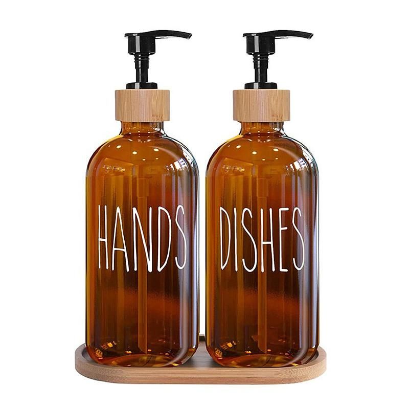 Tawny Glass Soap Dispenser Set: 500ml With Wood Tray For Hom