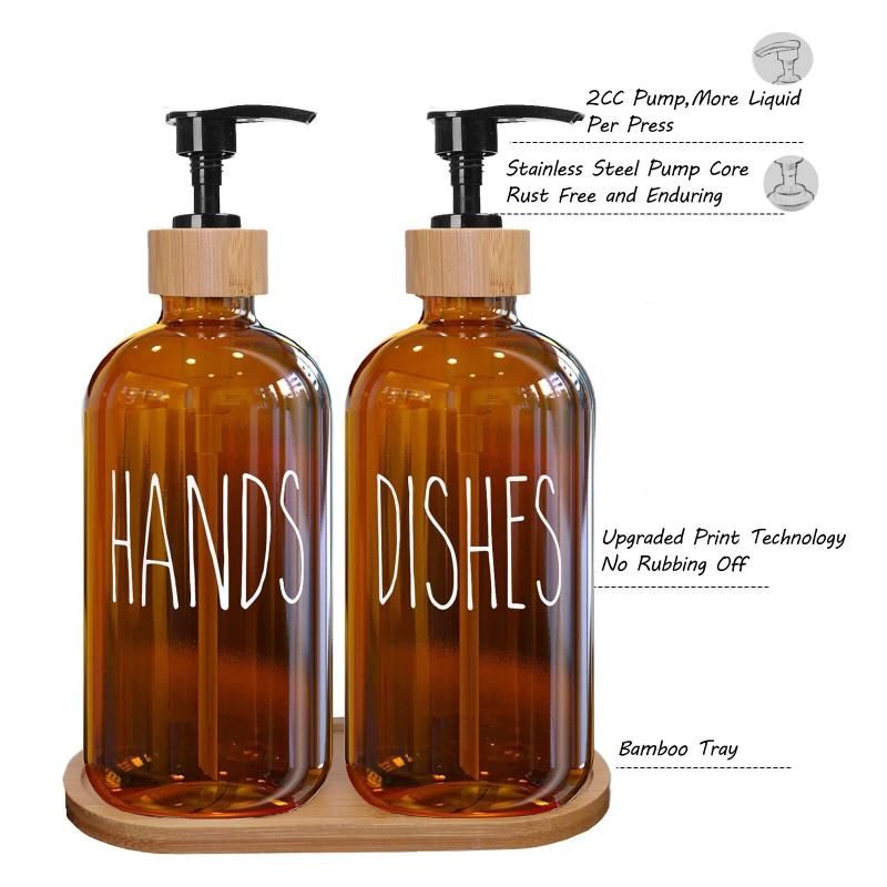 Tawny Glass Soap Dispenser Set: 500ml With Wood Tray For Hom