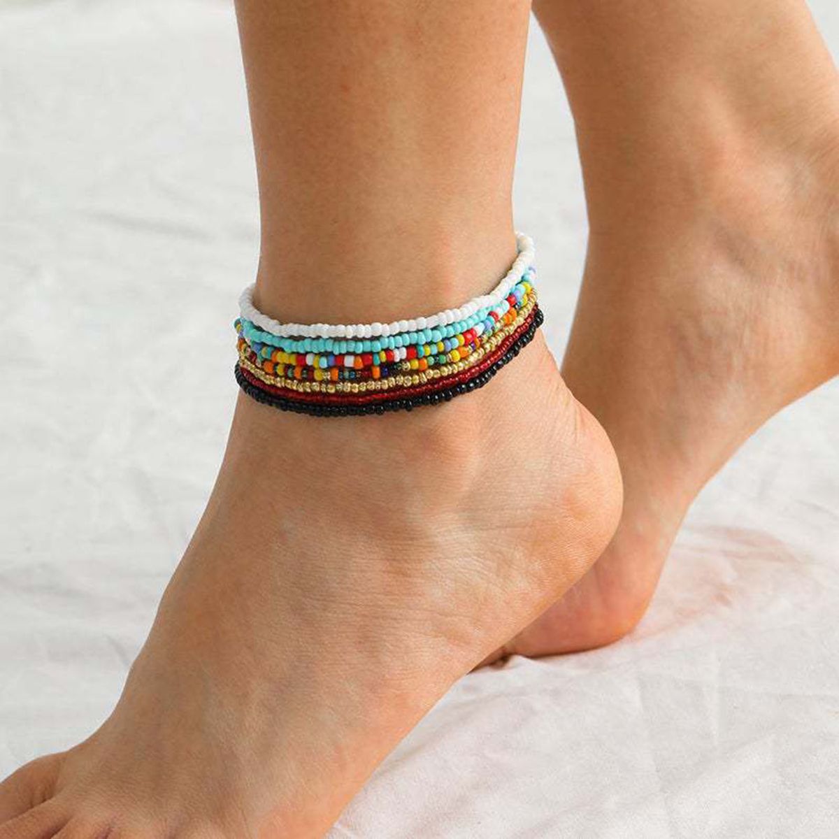 7Pcs Bohemian Women Anklet Round Beads Handmade Barefoot-