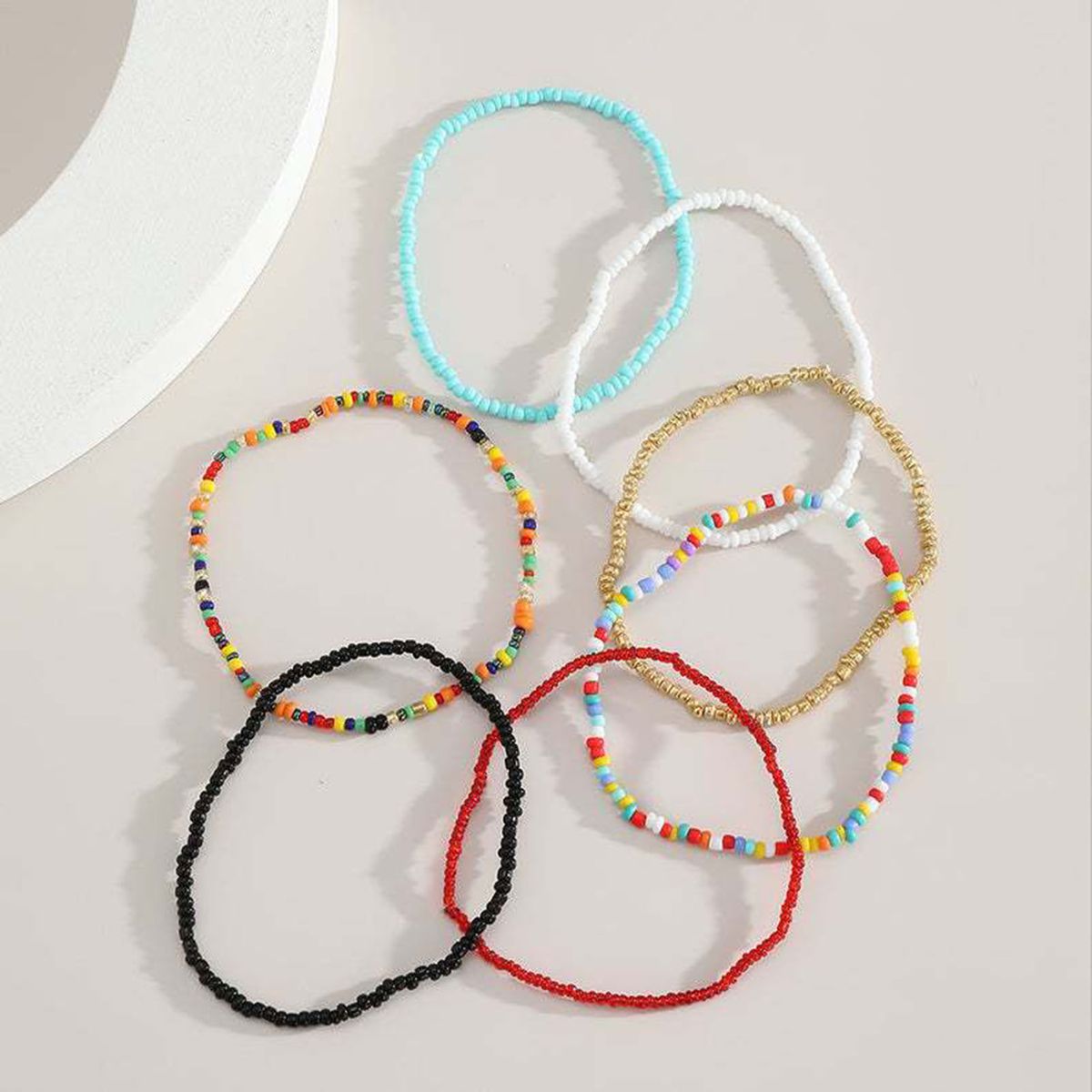7Pcs Bohemian Women Anklet Round Beads Handmade Barefoot-