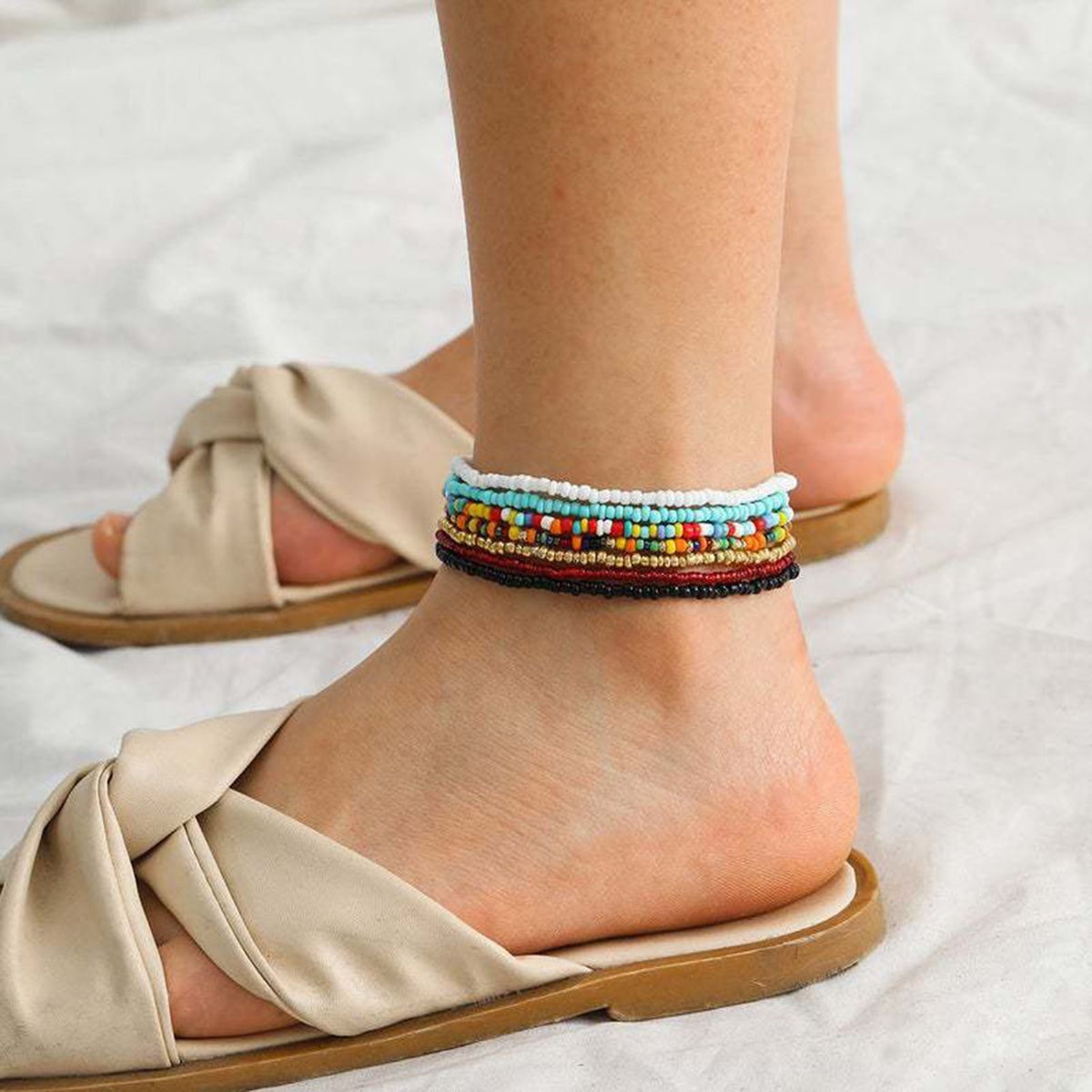 7Pcs Bohemian Women Anklet Round Beads Handmade Barefoot-