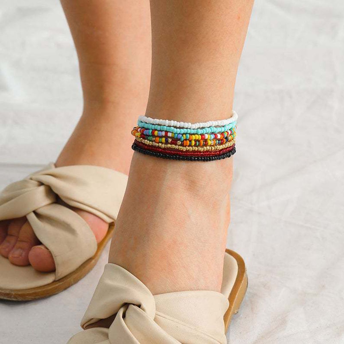 7Pcs Bohemian Women Anklet Round Beads Handmade Barefoot-