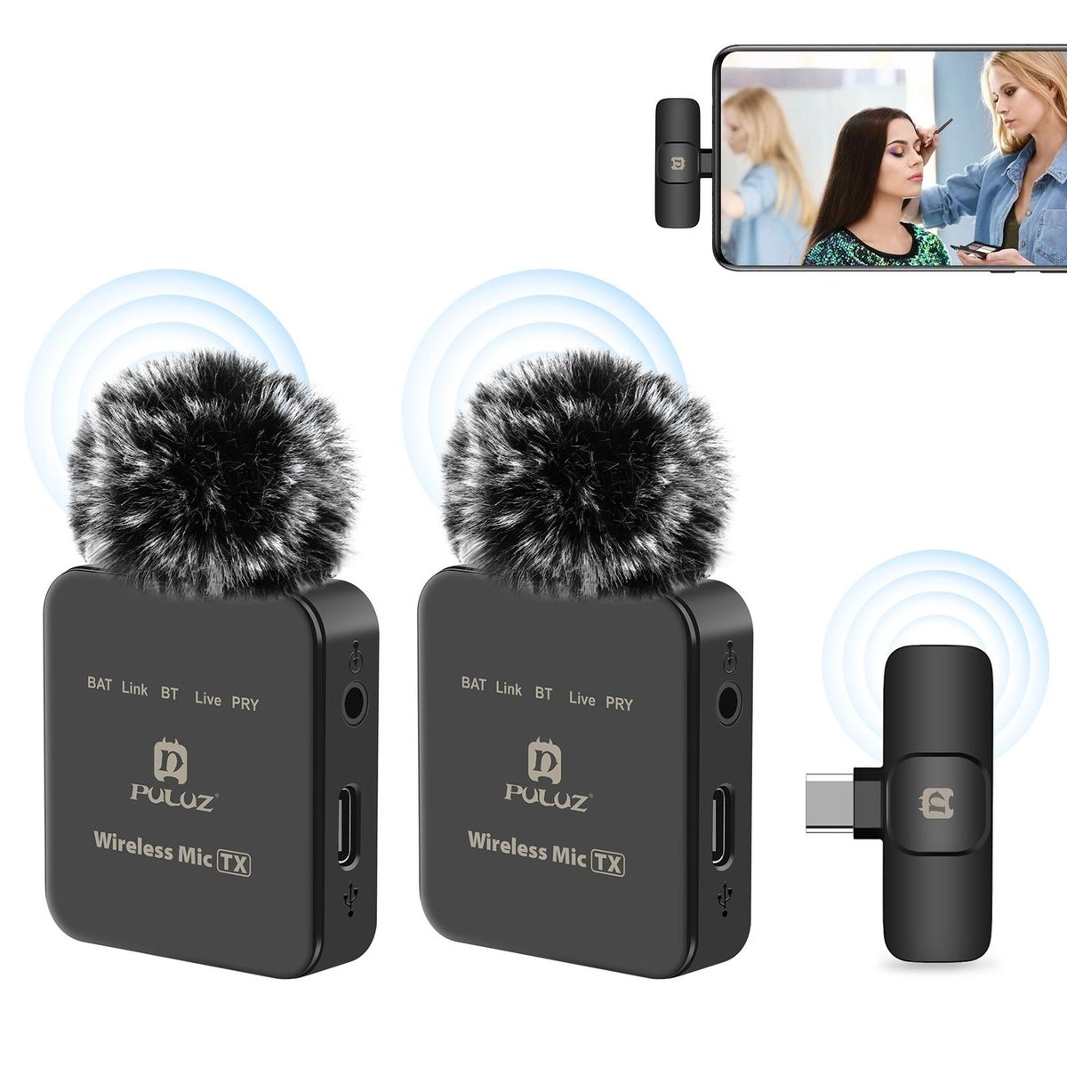 PULUZ PU648B Wireless Microphone System with 1 Receiver & 2 Transmitters 10M Transmission Range Built-in Battery Replacement for Android Phones Computer Laptop Camera for Live Streaming Interview Vlog