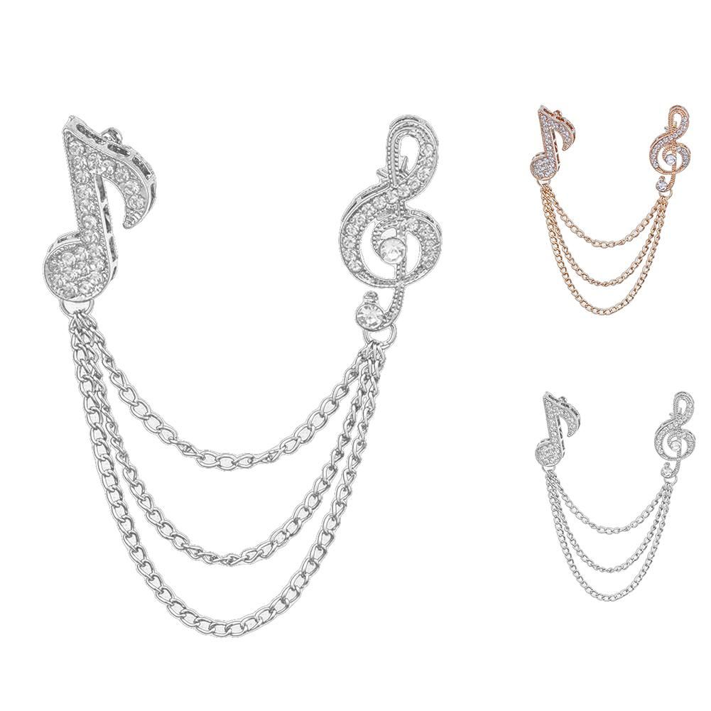 Unisex Rhinestone Musical Note Chain Tassel Brooch-Silver