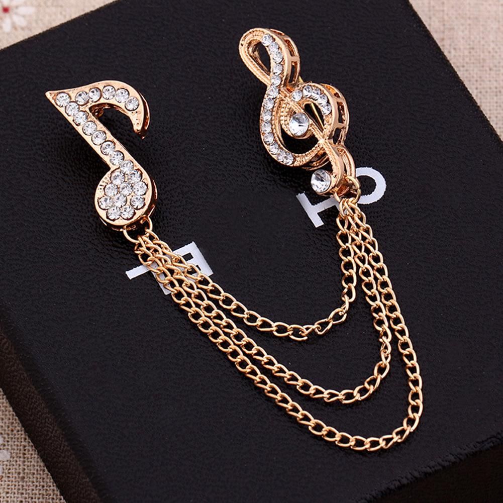 Unisex Rhinestone Musical Note Chain Tassel Brooch-Silver