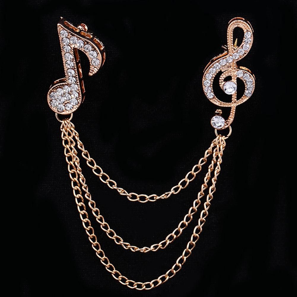 Unisex Rhinestone Musical Note Chain Tassel Brooch-Silver