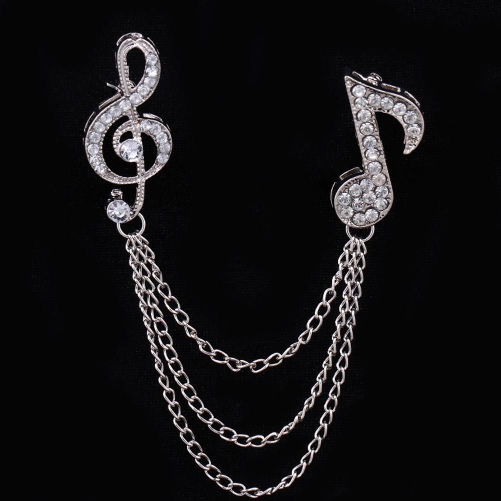 Unisex Rhinestone Musical Note Chain Tassel Brooch-Silver