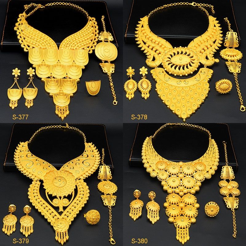 S-376 4 In 1 Gold Plated Bride Necklace Ear Ring Bracelet Suit Ladies Jewelry