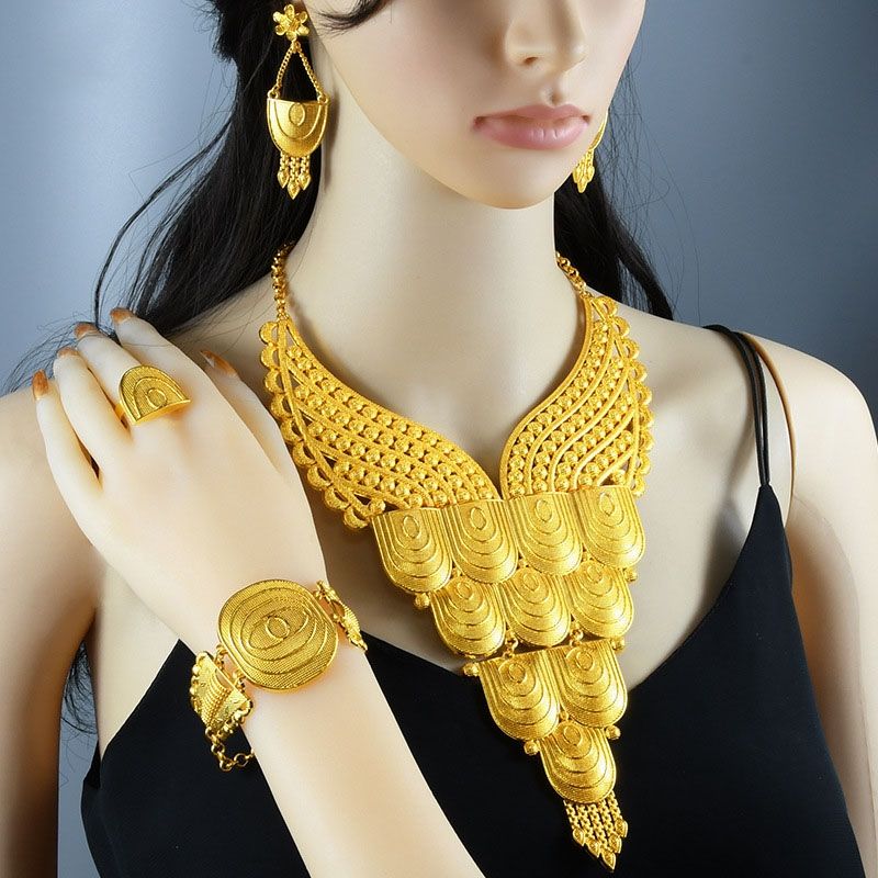 S-376 4 In 1 Gold Plated Bride Necklace Ear Ring Bracelet Suit Ladies Jewelry