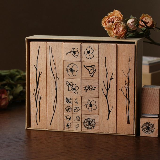 20Pcs Wooden Rubber Stamps Plants Flowers For Scrapbooking Diary