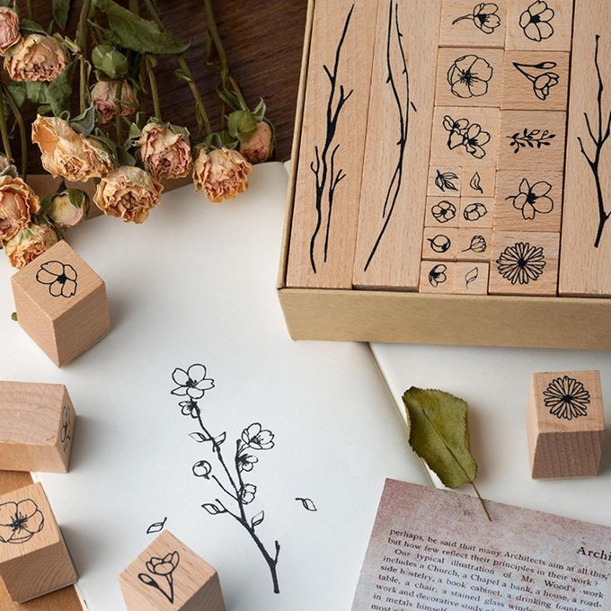 20Pcs Wooden Rubber Stamps Plants Flowers For Scrapbooking Diary