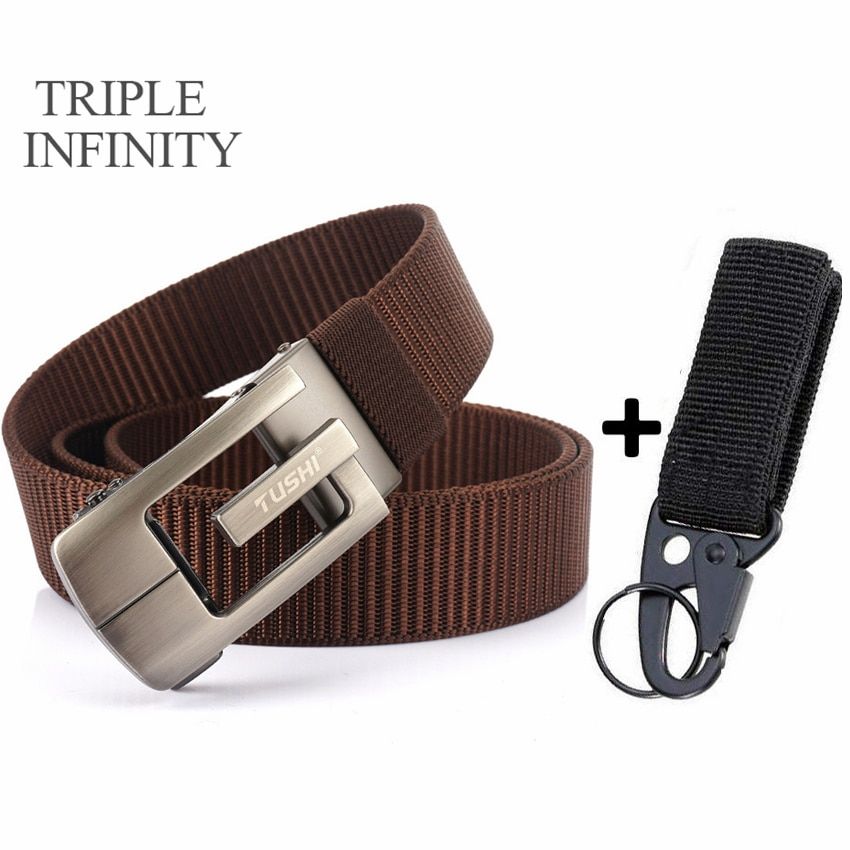 Fashion Nylon Jeans Belt For Men Metal Automatic Buckle Casual Adjustable Durable Cowboy Thick Waistband Sports Accessories-Coffee Belt B Set