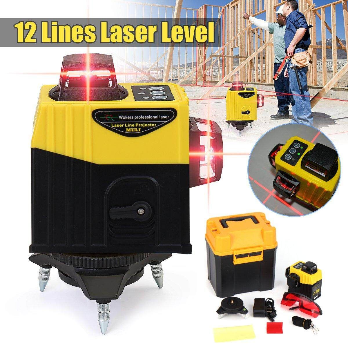 360° 3D 12Line Cross Laser Level Infrared Red Light Auto Leveling Wall Stick Set