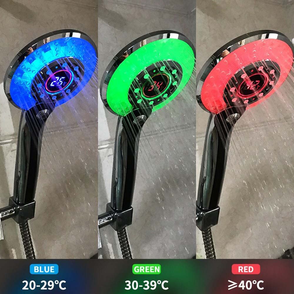 LED Light Shower Head Digital Temperature Control Water-saving Handheld Single Waterfall Shower Bathroom Showerhead Filter