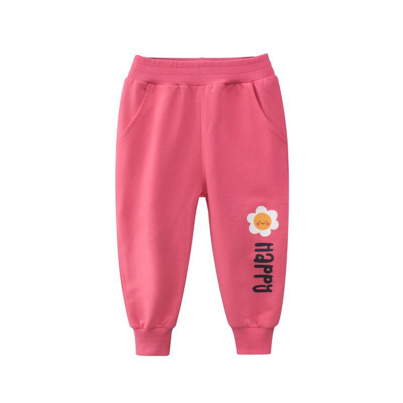 100% Cotton Kids Fashion Printed Full Length Girls Pants-Pink