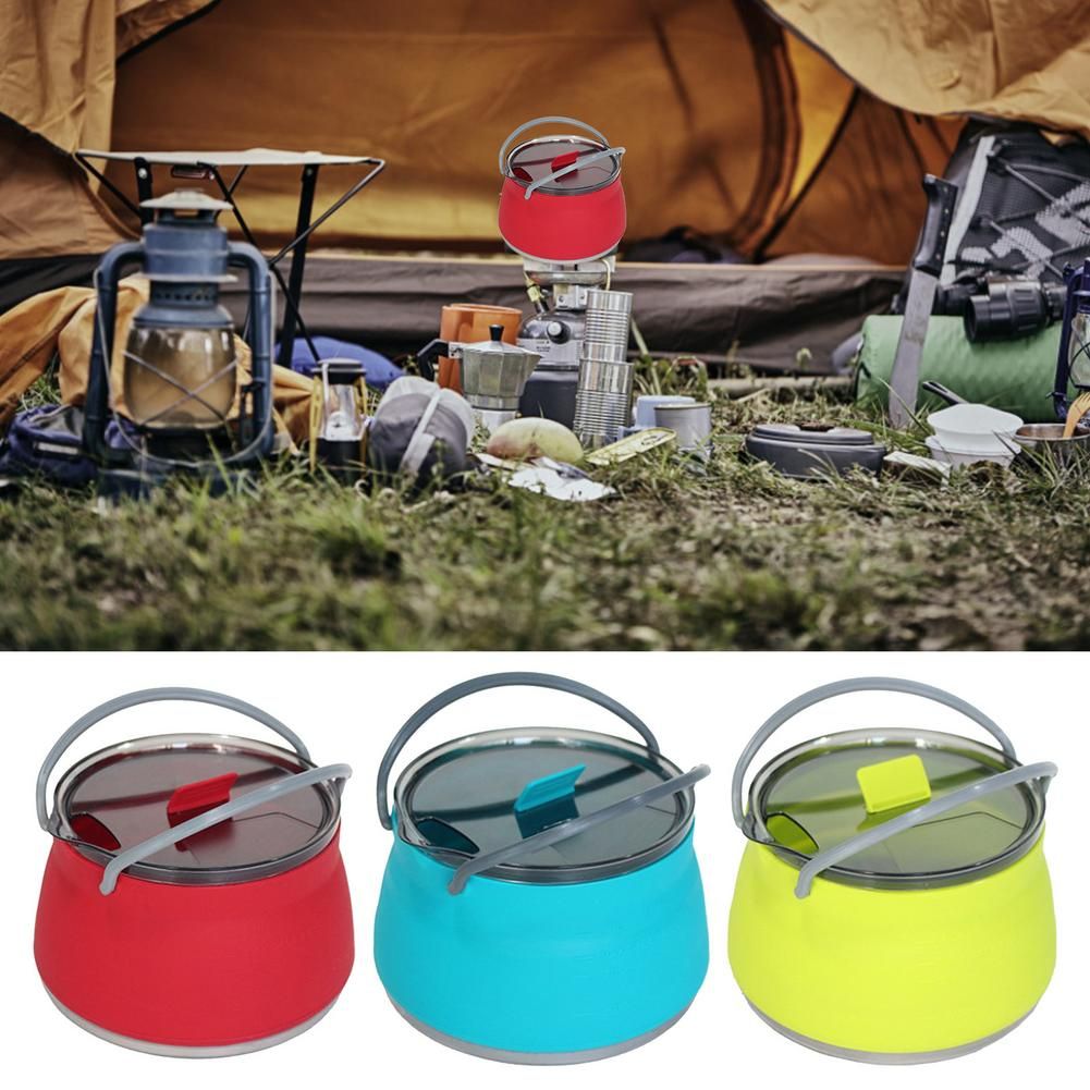 1L Folding Cooking Pot Kettles Portable Fire Heating Silicone Tea Kettle Collapsible Camping
