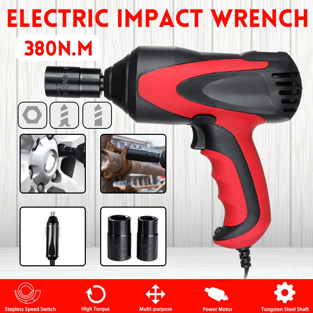 Electric 380N.M Impact Wrench High Torque 1/2'' Drive Tool Case And 2 Socket