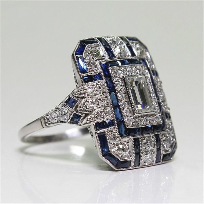 Luxury Square Women Crystal Zircon Engagement Ring, Ring Size:10(Blue)