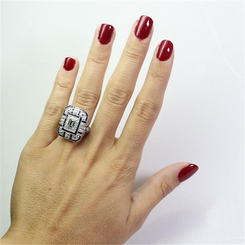 Luxury Square Women Crystal Zircon Engagement Ring, Ring Size:10(Blue)