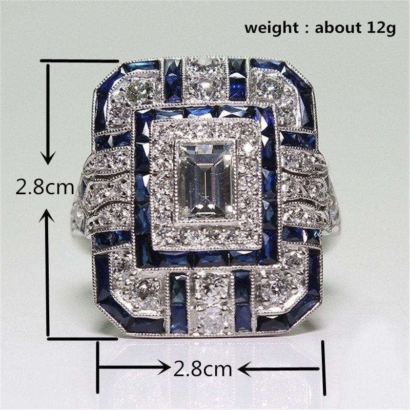 Luxury Square Women Crystal Zircon Engagement Ring, Ring Size:10(Blue)