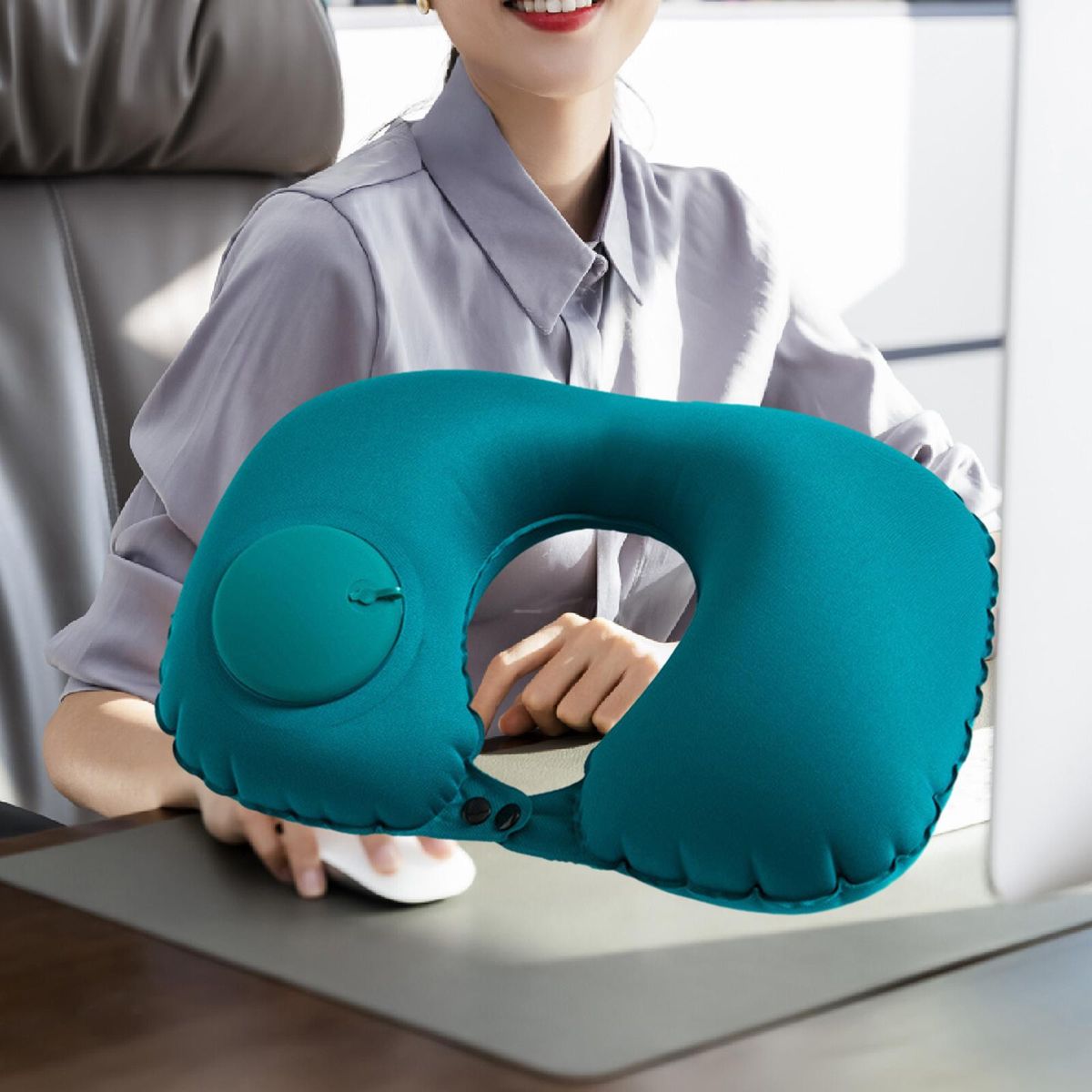 U Shape Travel Pillow Neck Support Green Silky Fabric