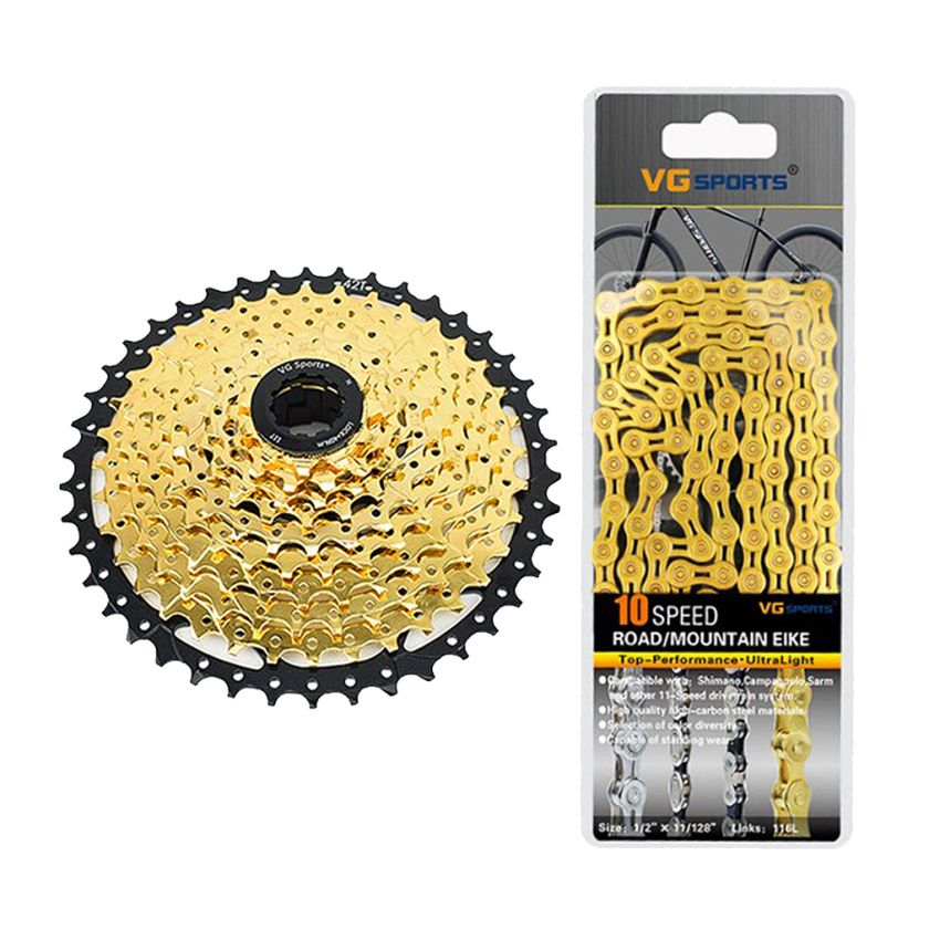 9/10 Speed 11-42T Bicycle Freewheel Cassette With Chain Gold 10 Speed