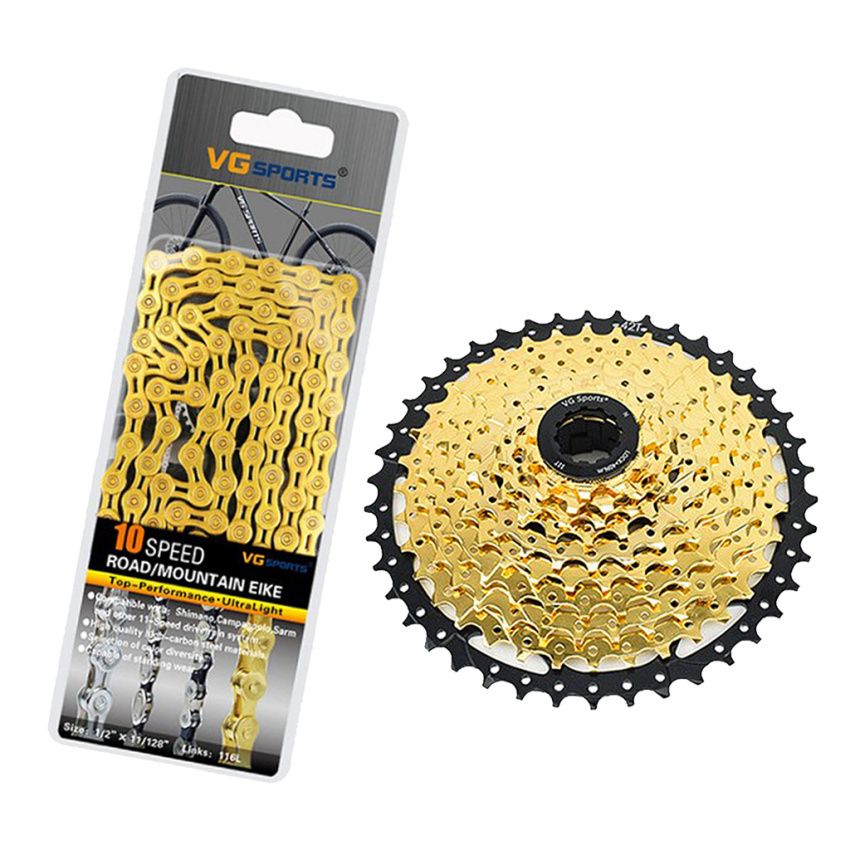 9/10 Speed 11-42T Bicycle Freewheel Cassette With Chain Gold 10 Speed