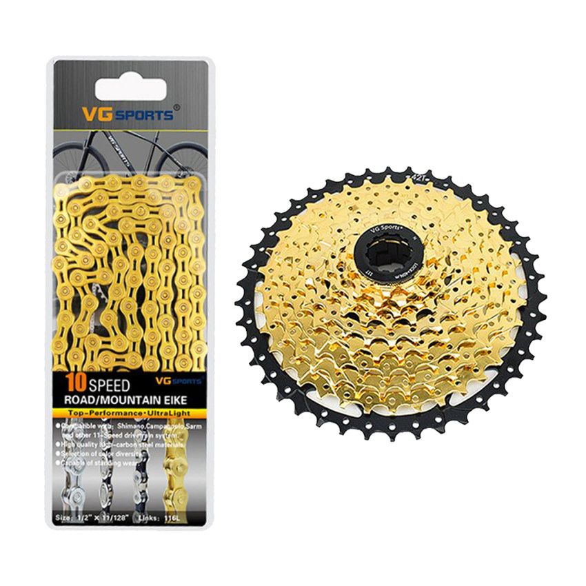 9/10 Speed 11-42T Bicycle Freewheel Cassette With Chain Gold 10 Speed