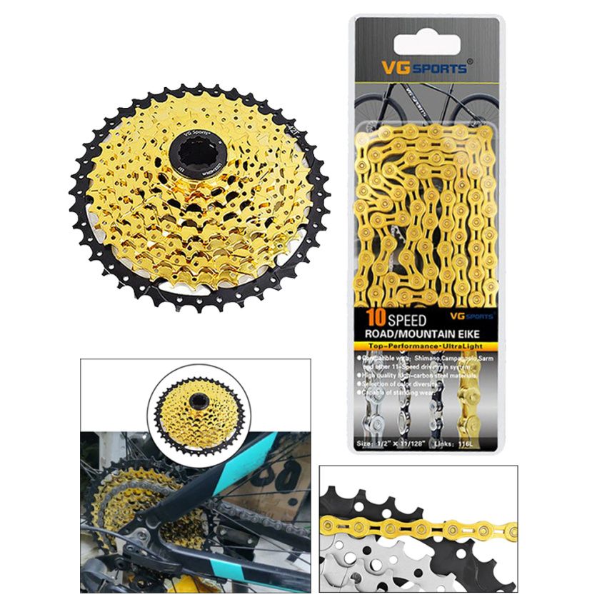 9/10 Speed 11-42T Bicycle Freewheel Cassette With Chain Gold 10 Speed