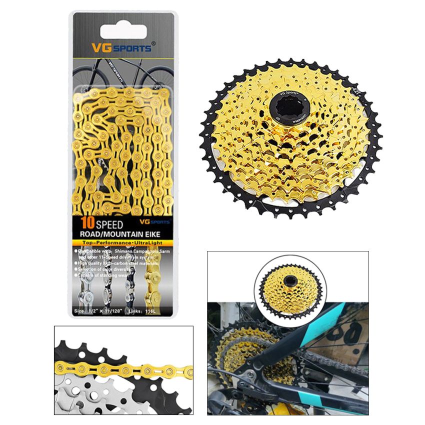 9/10 Speed 11-42T Bicycle Freewheel Cassette With Chain Gold 10 Speed