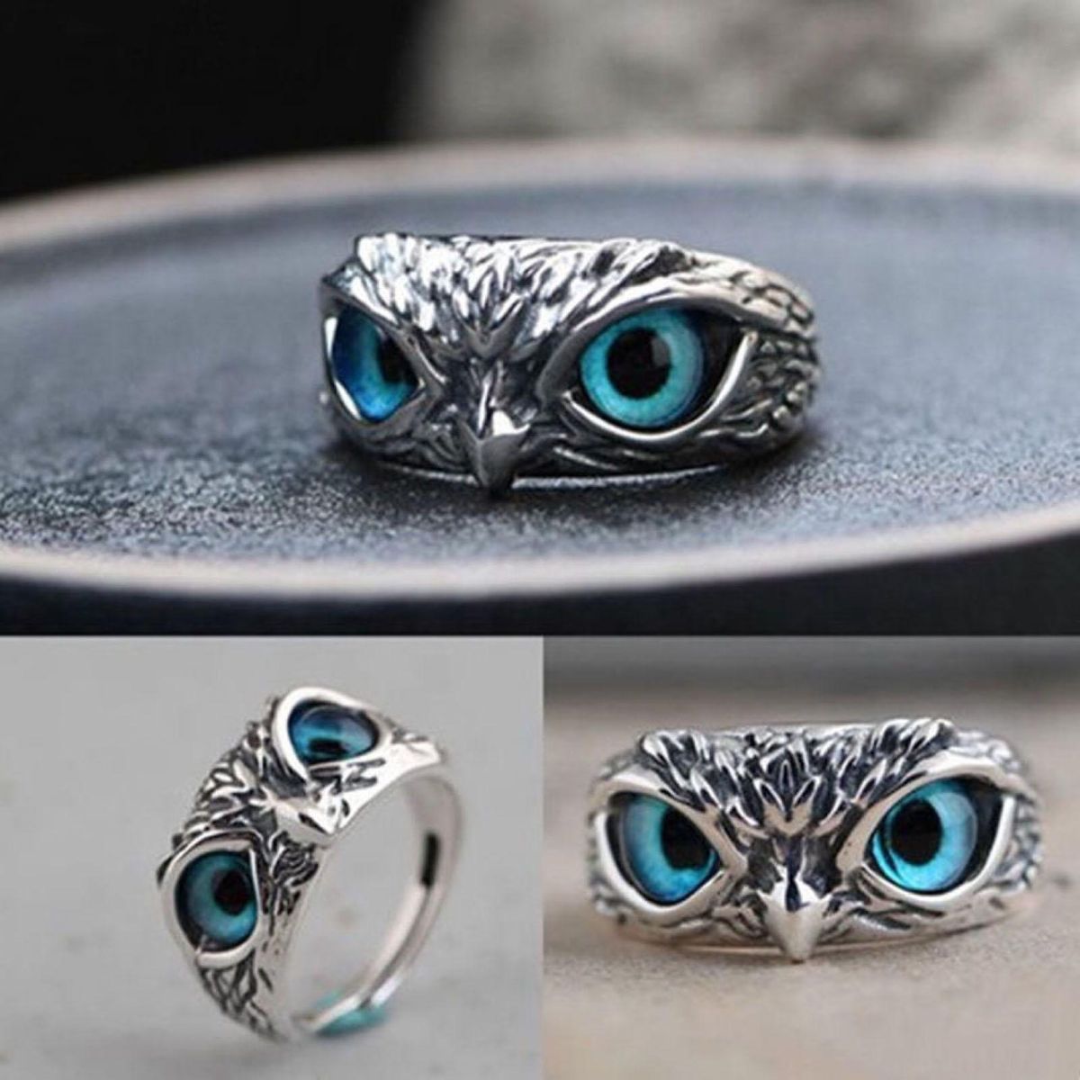 Ultralight Adjustable Owl Ring with Big Eyes Simple for Engagement Blue