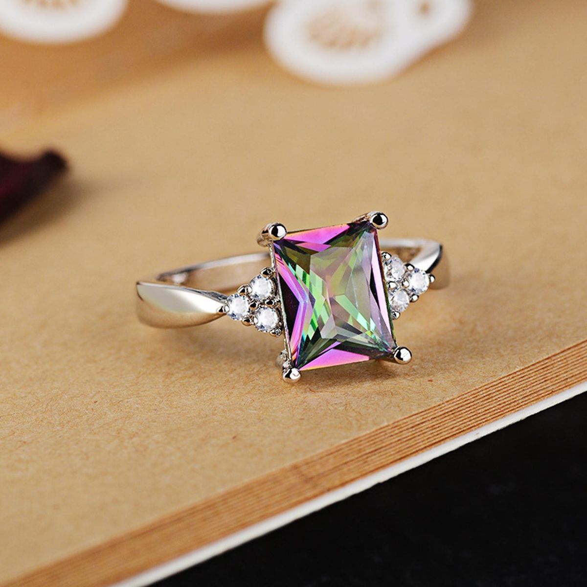 Wedding Ring Geometric Rhinestone Rainbow Promise Ring Multicolor