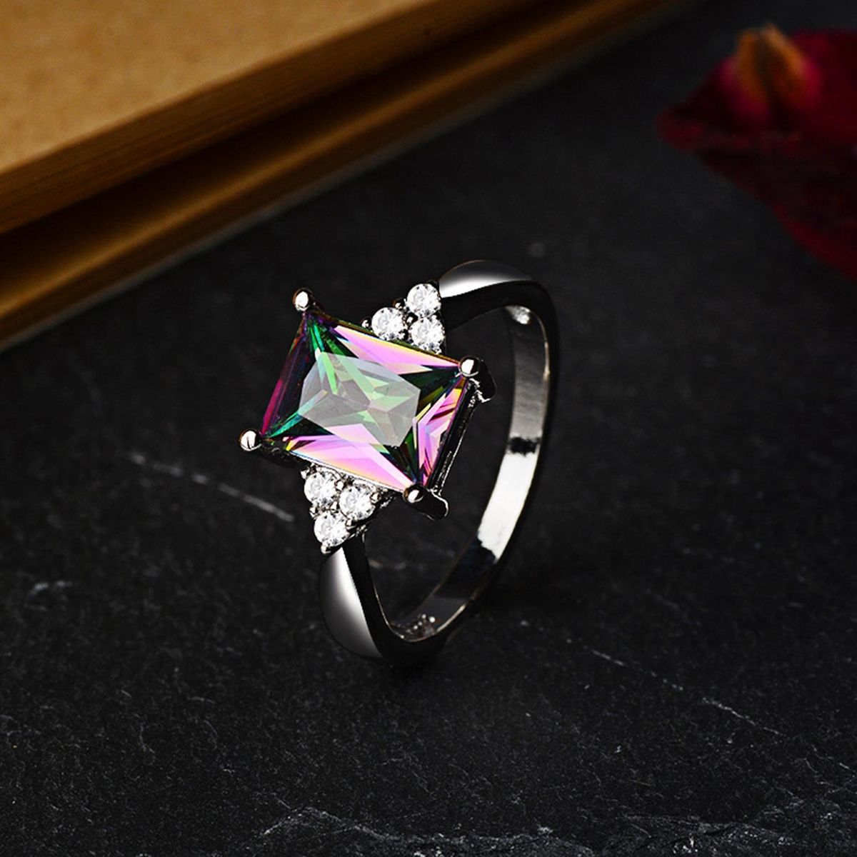 Wedding Ring Geometric Rhinestone Rainbow Promise Ring Multicolor