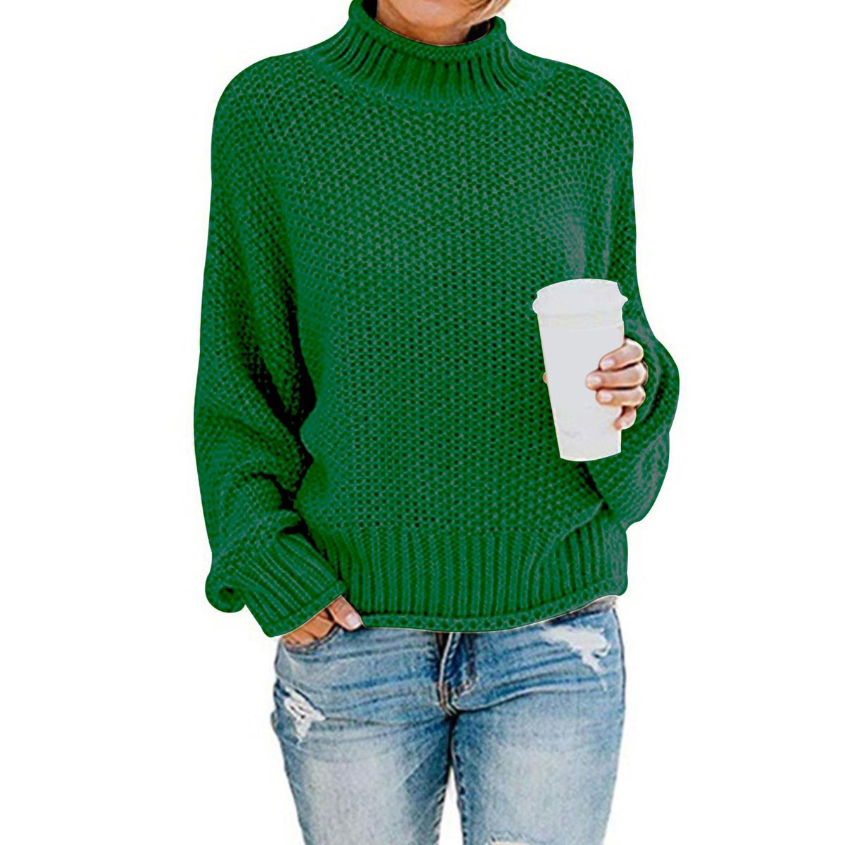 Women's Turtleneck Oversized Sweater Bat Long Sleeve M Dark Green