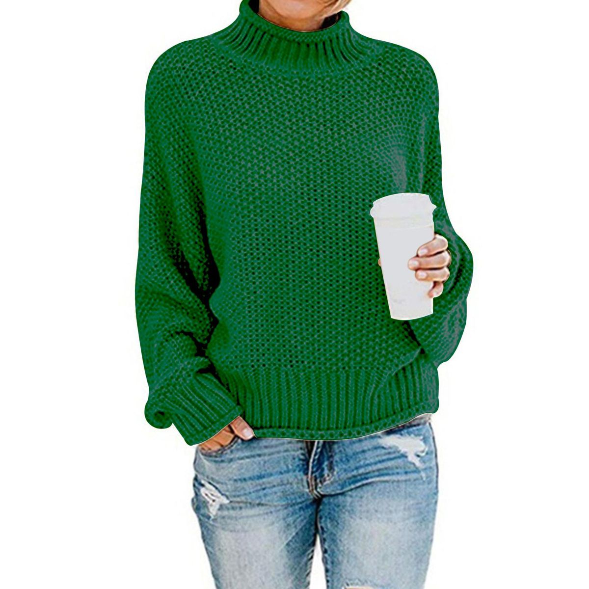Women's Turtleneck Oversized Sweater Bat Long Sleeve M Dark Green