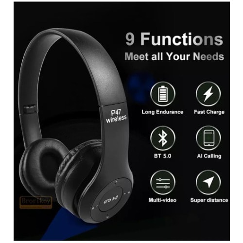 P47 Wireless Bluetooth 5.0 Stereo Over ear Foldable Headphones - Black