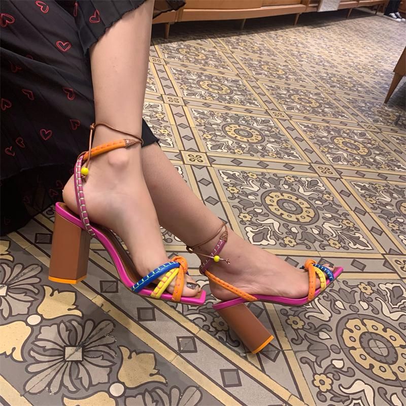 Fashion Luxury Twist Woven Sandals Color Blocking Thick with High Heel Sandals
