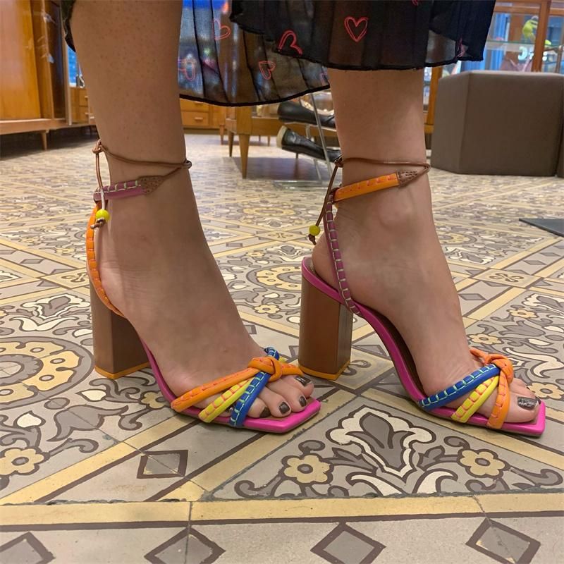 Fashion Luxury Twist Woven Sandals Color Blocking Thick with High Heel Sandals