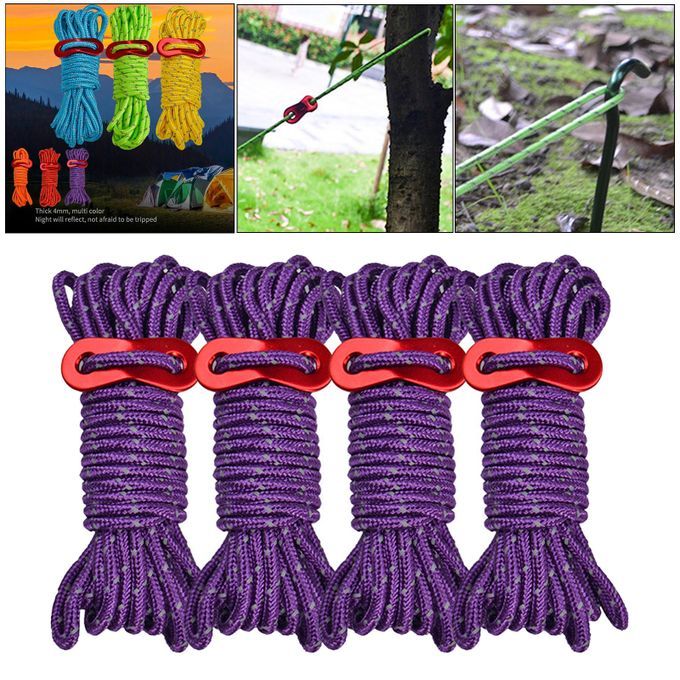 4x Reflective Guyline Tent Gazebo Rope Cord Fastener Tensioner Purple