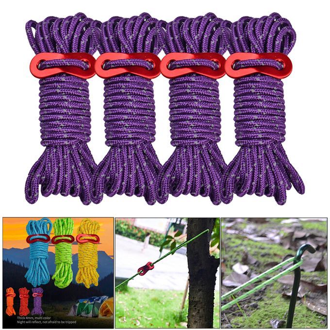 4x Reflective Guyline Tent Gazebo Rope Cord Fastener Tensioner Purple