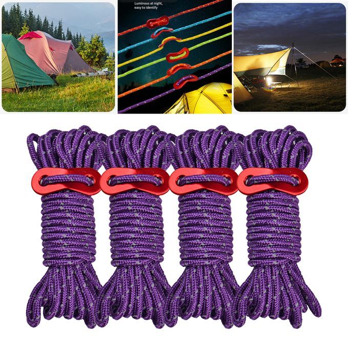 4x Reflective Guyline Tent Gazebo Rope Cord Fastener Tensioner Purple
