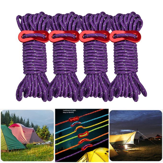 4x Reflective Guyline Tent Gazebo Rope Cord Fastener Tensioner Purple