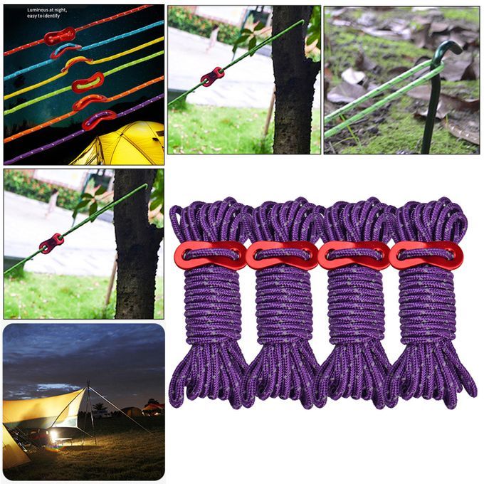 4x Reflective Guyline Tent Gazebo Rope Cord Fastener Tensioner Purple