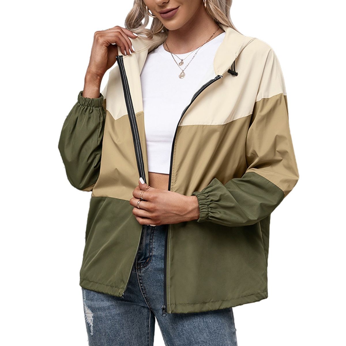 Fashion Women Windbreaker Splicing Hooded Long Sleeve Zipper