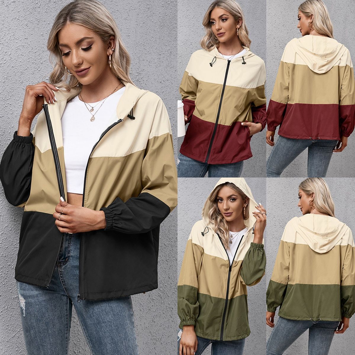 Fashion Women Windbreaker Splicing Hooded Long Sleeve Zipper
