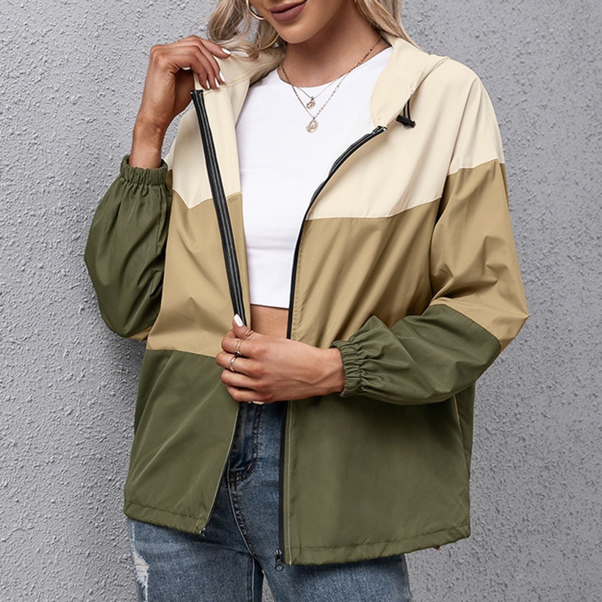 Fashion Women Windbreaker Splicing Hooded Long Sleeve Zipper