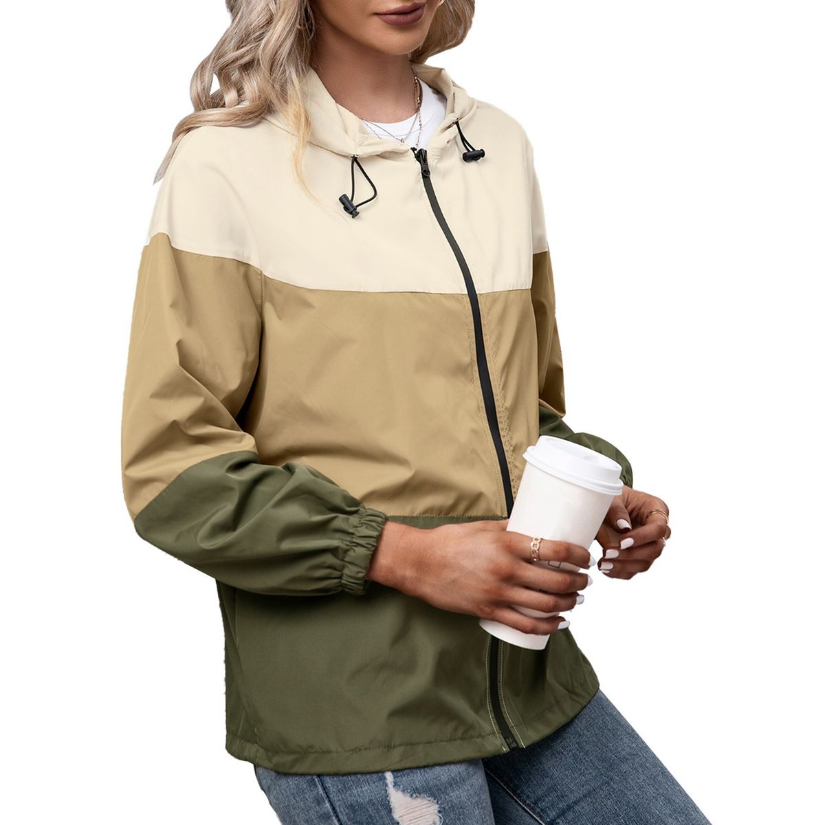 Fashion Women Windbreaker Splicing Hooded Long Sleeve Zipper