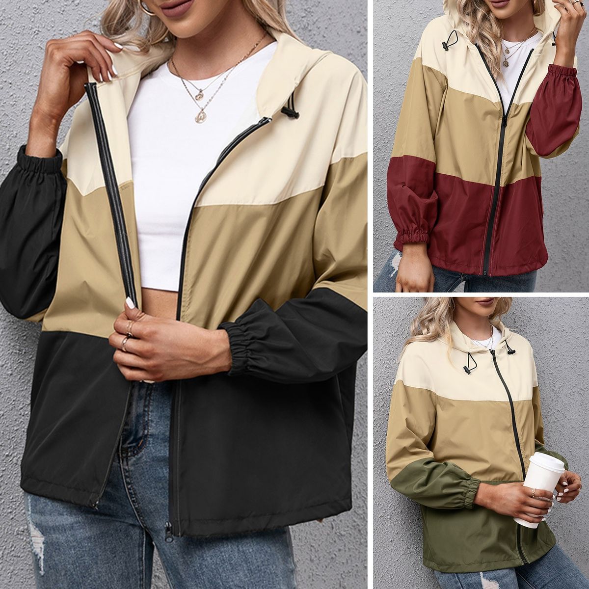 Fashion Women Windbreaker Splicing Hooded Long Sleeve Zipper