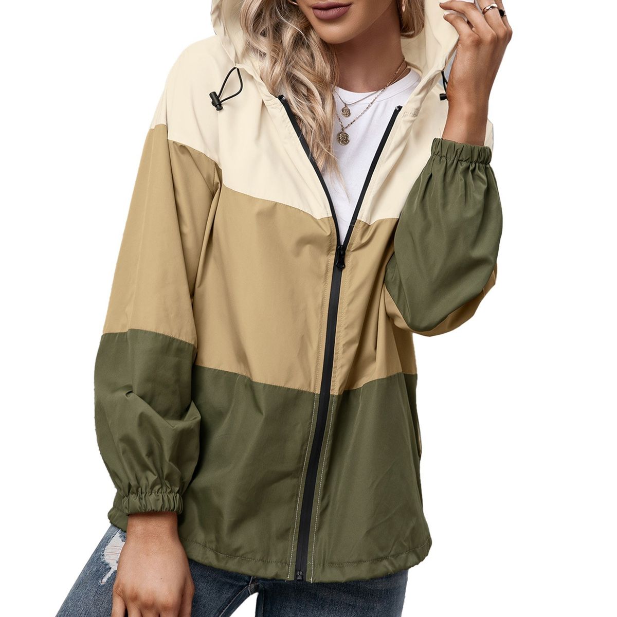 Fashion Women Windbreaker Splicing Hooded Long Sleeve Zipper