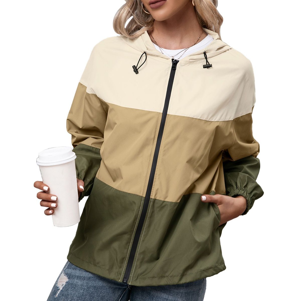 Fashion Women Windbreaker Splicing Hooded Long Sleeve Zipper